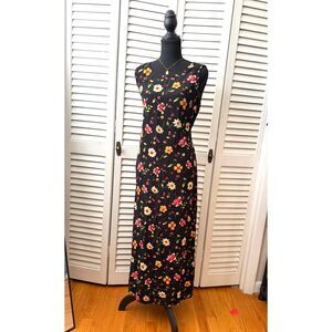 Vintage 90's Nina Piccalino Black Sleeveless Floral Maxi Dress Grunge Whimsigoth